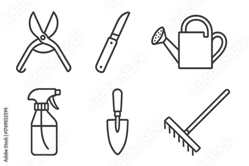 Horticulture Tools Icons. Line style icons of horticulture tools: pruning scissors, budding knife, watering can, soil rake, spray