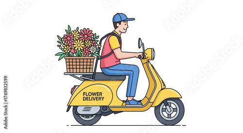 Illustration of a flower delivery man riding a yellow scooter with flowers in a basket.