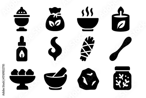 Spice Ritual Icons. Solid style icons of spice rituals: incense burner, herbal pouch, steaming bowl, scented candle, essential oil