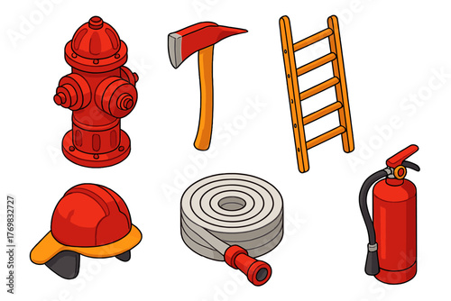 Firefighter Equipment Icons. Isometric vector illustration set Fire Department Equipment: red fire hydrant, firefighter axe, tall