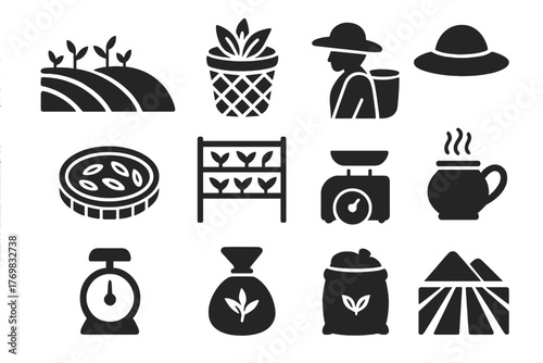 Tea Plantation Elements. Solid style icons of tea garden: tea field, basket of leaves, tea picker, sun hat, woven tray, drying
