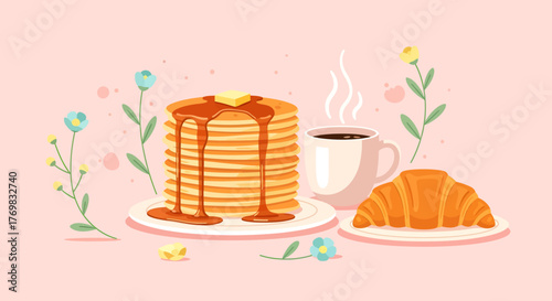 A delicious stack of pancakes with butter and syrup, a croissant, and a cup of coffee, set against a soft pink background with delicate flowers.