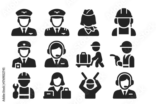Aviation Crew Icons. Solid style icons of flight crew: pilot, co-pilot, flight attendant, ground crew worker, air marshal,
