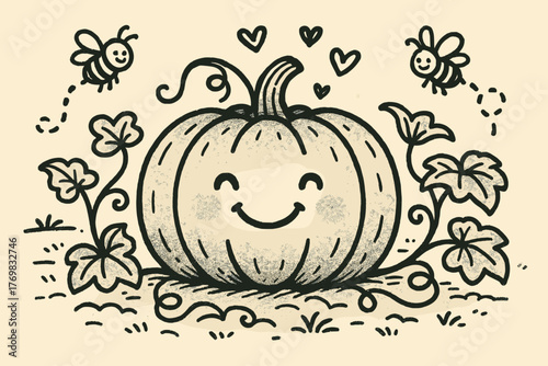 Joyful Pumpkin Doodle. A doodle illustration of a powdery glaucous pumpkin smiling proudly in a field, surrounded by happy vines,