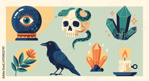 A collection of mystical and occult symbols including a crystal ball, skull with snake, raven, crystals, candle, and a plant.