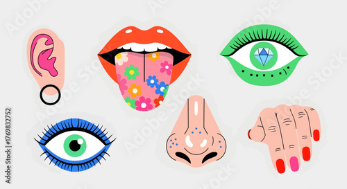 Illustration of the five senses: ear, mouth, eye, nose, and hand, with creative designs.