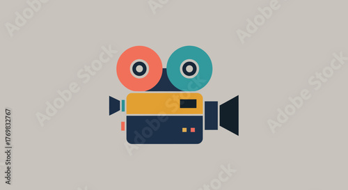 A colorful flat design illustration of a retro movie camera on a plain background.