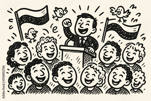 Vibrant Crowd's Cheer. A doodle scene of a cheerful crowd listening to a rousing speech, their faces glowing with hwyl, surrounded