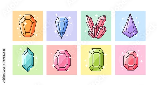 Collection of eight colorful cartoon gems and crystals in various shapes and colors, sparkling on pastel backgrounds.