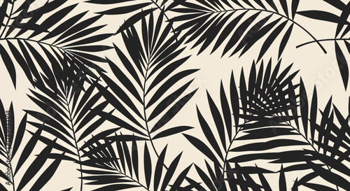 Black palm leaves pattern on a light background, creating a tropical and elegant botanical design for textiles or wallpaper.