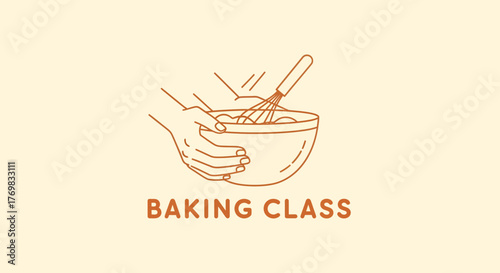 A minimalist line art logo for a baking class, showing hands whisking ingredients in a bowl.