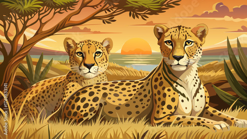 Vector of male and female cheetahs lying together in grass under warm sunlight, detailed fur and spots, African savannah, peaceful and natural wildlife scene