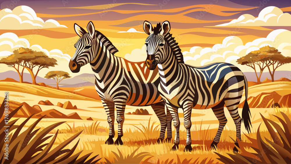 Obraz premium Vector of male and female zebras standing together on dry African plain, soft sunlight, golden grass, calm wild nature, realistic details and harmony