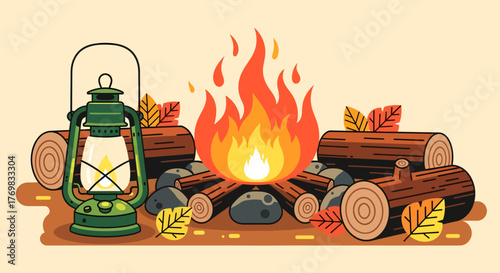 An illustration of a cozy campfire scene with burning logs, rocks, autumn leaves, and a vintage green lantern on a warm background.
