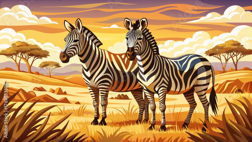 Vector of male and female zebras standing together on dry African plain, soft sunlight, golden grass, calm wild nature, realistic details and harmony