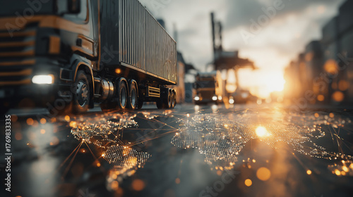 Wallpaper Mural Smart digital Innovation Container truck in ship port for business Logistics and transportation of Container Cargo ship and Cargo plane with working crane bridge with world map Torontodigital.ca