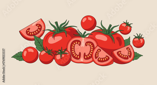 A collection of fresh red tomatoes, both whole and sliced, with green leaves on a light background.
