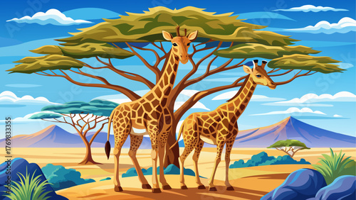 Realistic vector of a male and female giraffe standing close together under acacia tree, blue sky, sunlight reflections, African savannah background, natural wildlife mood