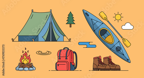 Camping and outdoor adventure illustration with tent, kayak, campfire, backpack, boots, tree, sun, and cloud on a yellow background.
