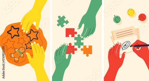 Three illustrations showcasing hands interacting with food, puzzles, and drawing, representing collaboration and creativity.