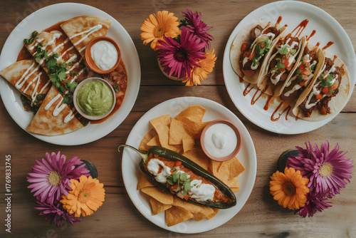 Mexican food plates with tacos quesadilla and stuffed pepper on wood