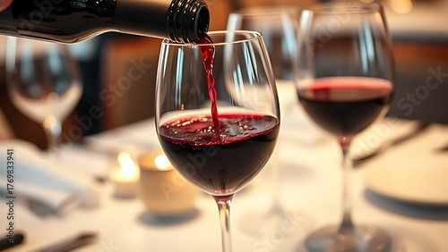 Red wine pouring into glasses, elegant dining atmosphere closeup.