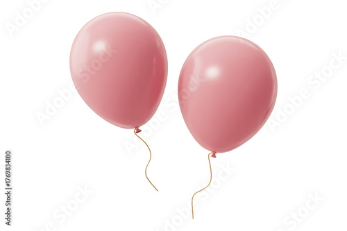 Two pink balloons float gently, suspended by thin strings, evoking celebration and lightness.