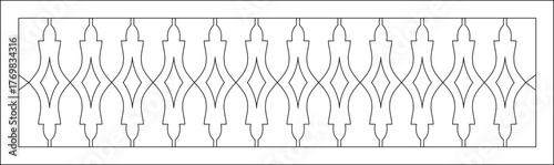 Seamless horizontal border or frieze pattern featuring repeating interlocking ogee arch shapes and geometric diamond motifs. Ideal for screen dividers or architectural trim.