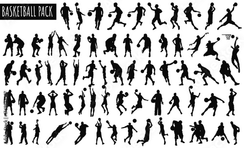 Basketball Silhouette Pack: Collection of silhouetted figures engaged in various basketball actions, conveying the dynamic energy and athletic prowess associated with the sport. 