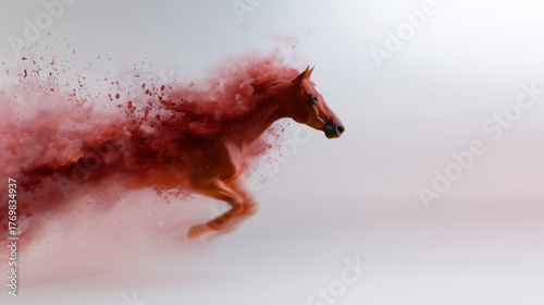 red fire horse running on white background, abstract digital art, dissolving particles and splashes effect, dynamic motion, energy and power concept, surreal minimalist composition