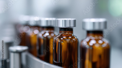 automated pharmaceutical bottling and packaging line with sterile brown glass vials, precise industrial machinery, stainless steel equipment, clean laboratory environment, add ligh