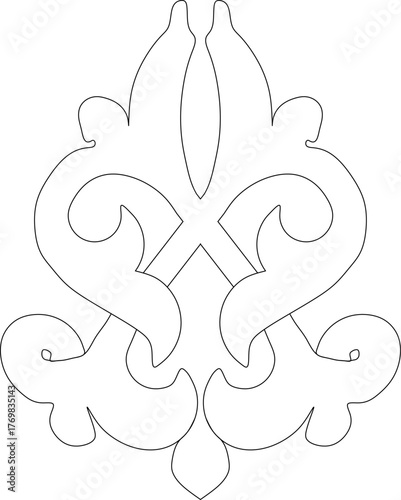 Symmetrical vertical ornamental motif resembling a stylized fleur-de-lis or damask pattern with bold, flowing acanthus scrolls and interlocked lines. Elegant decorative element.