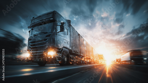 Smart digital Innovation Container truck in ship port for business Logistics and transportation of Container Cargo ship and Cargo plane with working crane bridge with world map