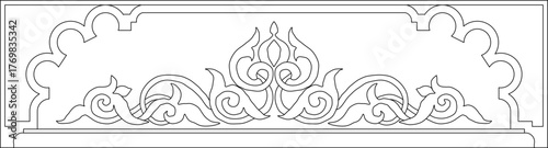 Horizontal panel with a stylized central ornamental flourish of swirling acanthus scrolls set within a decorative pointed (Moorish) arch frame, suitable for transom windows or headers.