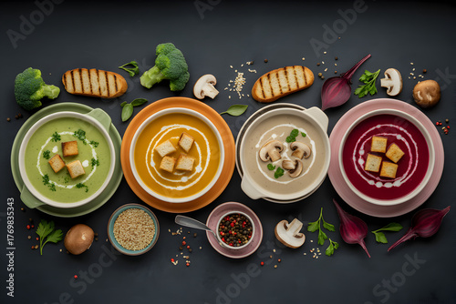 Four colorful cream soups in bowls with vegetables on dark background