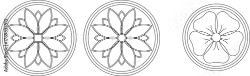 Set of three circular floral rosette designs, including two stylized lotus motifs and a simple five-petal rose, suitable for medallions, badges, or tile inserts.