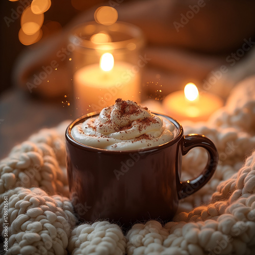 Cup of hot chocolate on a knitted blanket, cozy and festive atmosphere for Christmas