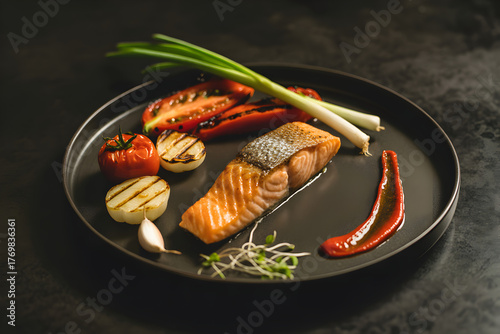 Gourmet salmon fillet with grilled vegetables on black plate dark background