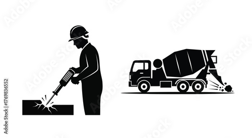 Construction worker operating a jackhammer near a concrete mixer truck