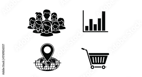 Business icons depicting teamwork marketing global reach and shopping