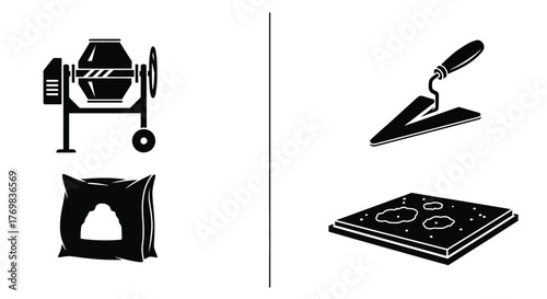 Construction tools and materials cement mixer trowel bag and tile icons