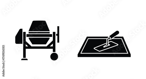 Simple black and white icons of a cement mixer and tiling tool