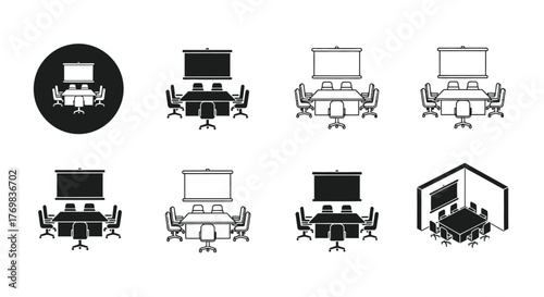 Meeting room icons depicting conference tables and presentation setups