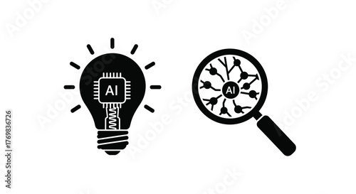 Artificial intelligence concepts illustrated with a lightbulb and magnifying glass