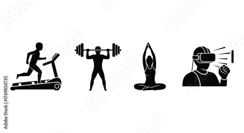 Diverse fitness activities illustrated running weightlifting yoga and virtual reality