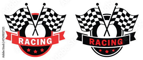 Racing Logos and Badges Vector Collection with Checkered Flags, Speed Lines, and Bold Typography for Motorsport Events and Automotive Branding