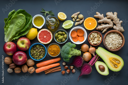 Healthy balanced diet ingredients with vegetables fish and grains on wood