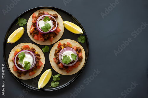 Mexican tostadas with meat sour cream and vegetables on black plate