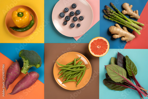 Colorful healthy food ingredients flat lay collage on geometric backgrounds