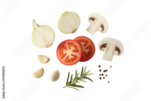 Fresh tomato slices with cooking ingredients on white background flat lay